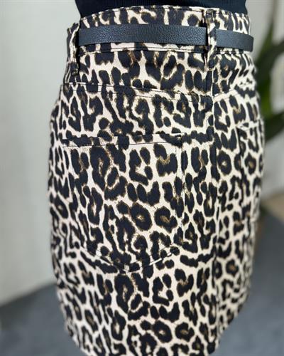 Taba leopar mini tam kalıp jean etek