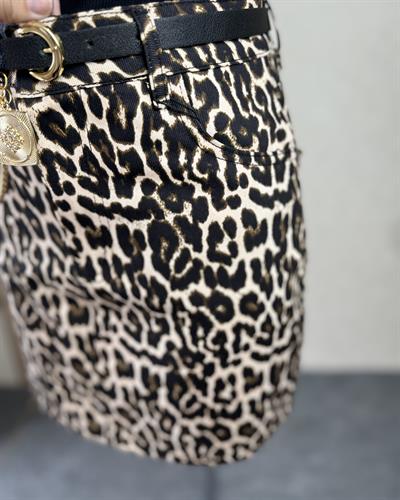 Taba leopar mini tam kalıp jean etek