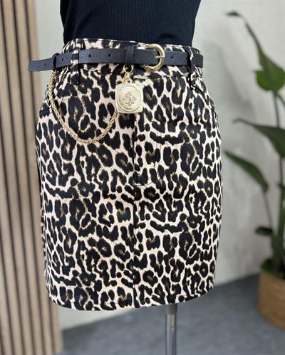 Taba leopar mini tam kalıp jean etek