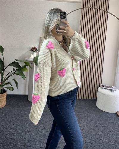 Bej Çilek Örme Detaylı Yün Hırka