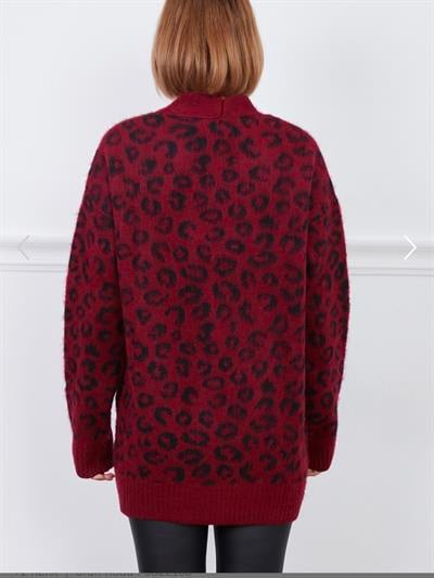 Bordo Leopar Uzun Triko Hırka
