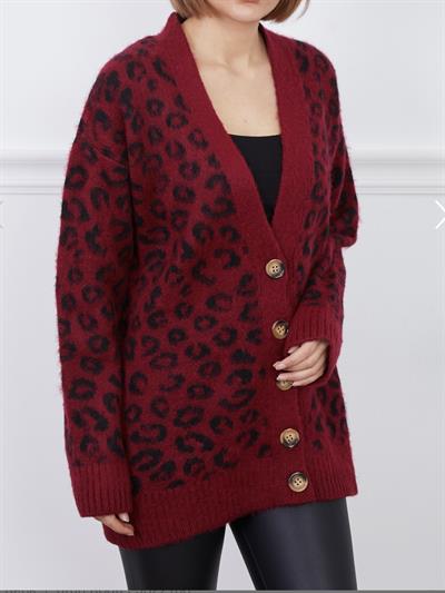 Bordo Leopar Uzun Triko Hırka
