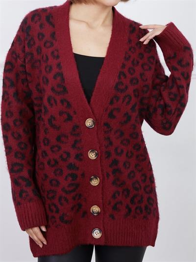 Bordo Leopar Uzun Triko Hırka