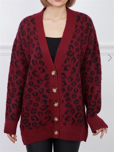 Bordo Leopar Uzun Triko Hırka
