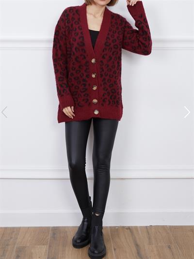 Bordo Leopar Uzun Triko Hırka