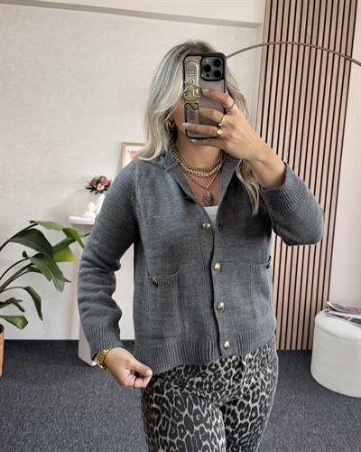 Füme Gold Düğme Detaylı Çelik örme Triko Hırka
