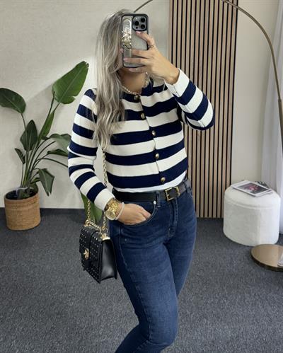 Lacivert -Beyaz Çizgili Gold düğme detaylı Crop Hırka