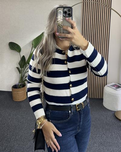 Lacivert -Beyaz Çizgili Gold düğme detaylı Crop Hırka