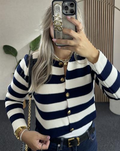 Lacivert -Beyaz Çizgili Gold düğme detaylı Crop Hırka