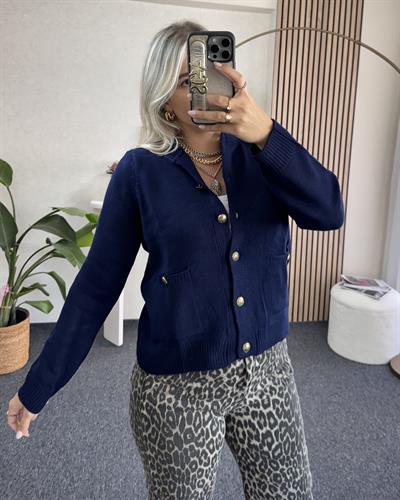 Lacivert Gold Düğme Detaylı Çelik örme Triko Hırka
