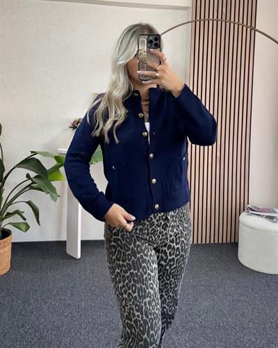 Lacivert Gold Düğme Detaylı Çelik örme Triko Hırka