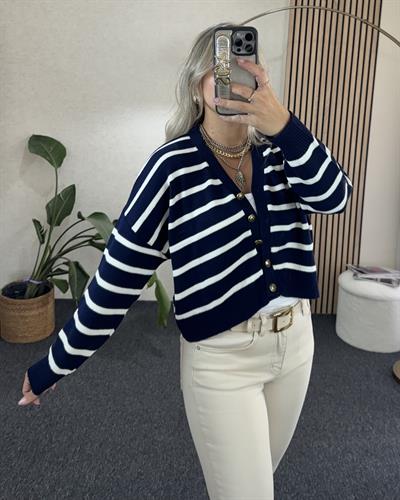 Lacivert İnce Çizgili Salaş Model Hırka