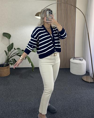 Lacivert İnce Çizgili Salaş Model Hırka