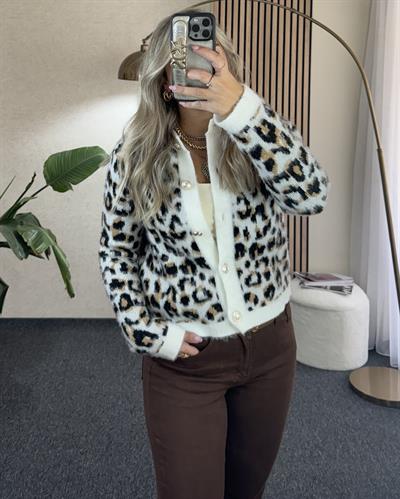 Leopar Beyaz Gold Düğmeli Yumoş Hırka