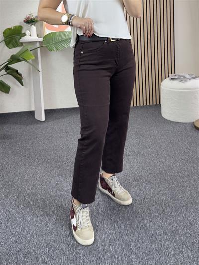ACI KAHVE ORJ MARKA ETİKETLİ YÜKSEK BEL LİKRALI BİLEK BOY KESİK PAÇA JEAN PANTOLON