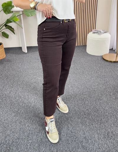 ACI KAHVE ORJ MARKA ETİKETLİ YÜKSEK BEL LİKRALI BİLEK BOY KESİK PAÇA JEAN PANTOLON