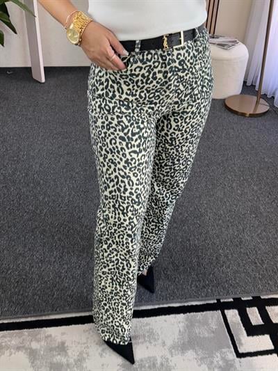 Beyaz Leopar orj. marka etiketli yüksek bel straight fit jean pantolon