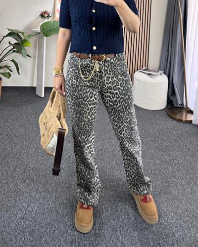 Leopar orj. marka etiketli yüksek bel straight fit jean pantolon