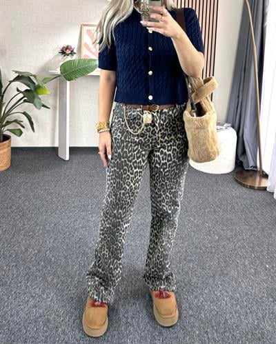 Leopar orj. marka etiketli yüksek bel straight fit jean pantolon