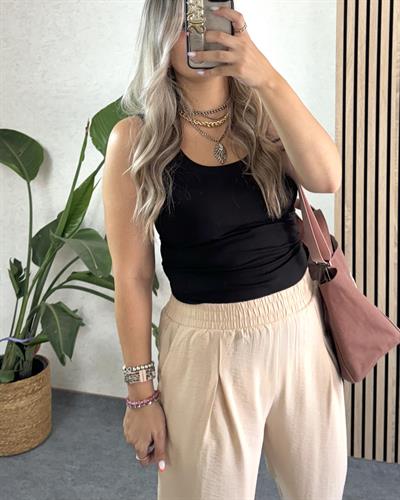 Bej renk pileli beli lastikli cepli pantolon