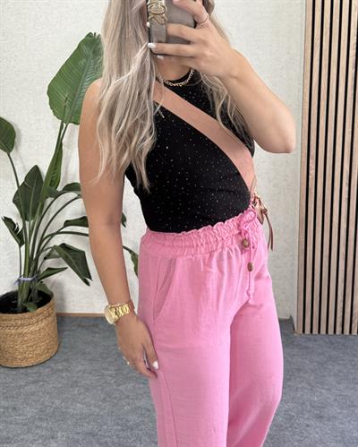 Şeker Pembe Yüksek bel Lastikli önden ip bağlamalı pamuklu pantolon