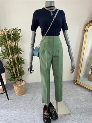 Pens detaylı koyu yeşil kumaş pantalon