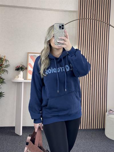 KOT NAKIŞLI KAPÜŞONLU LACİVERT SWEATSHİRT