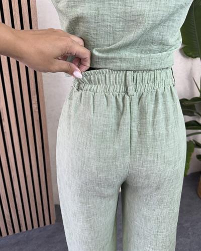 Fıstık yeşili keten yelek-pantolon takımı