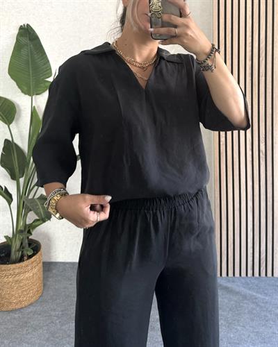 V yaka siyah beli lastikli alt-üst takım