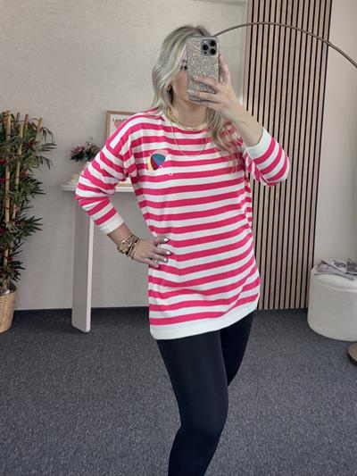 PEMBE ÇİZGİLİ ÖNÜ NAKIŞLI TUNİK İNCE TRİKO