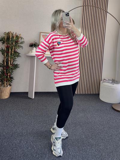 PEMBE ÇİZGİLİ ÖNÜ NAKIŞLI TUNİK İNCE TRİKO
