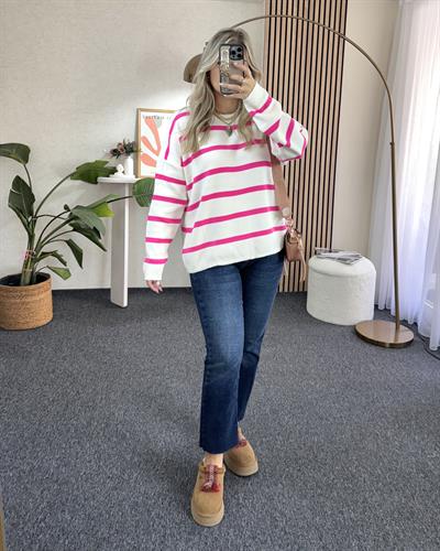 Pembe Çizgili Sıfır Yaka İnce Salaş Triko