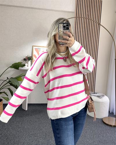 Pembe Çizgili Sıfır Yaka İnce Salaş Triko