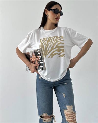 Altın zebra motifli pamuklu tshirt