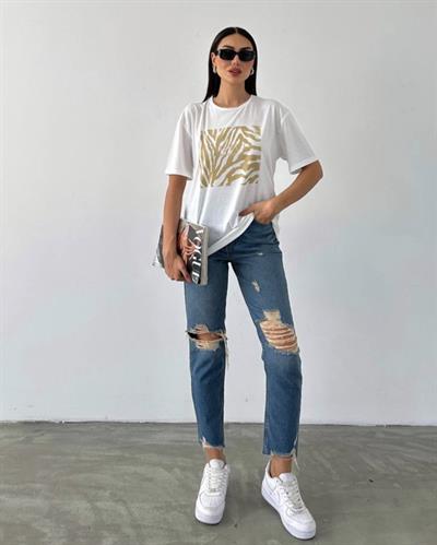 Altın zebra motifli pamuklu tshirt