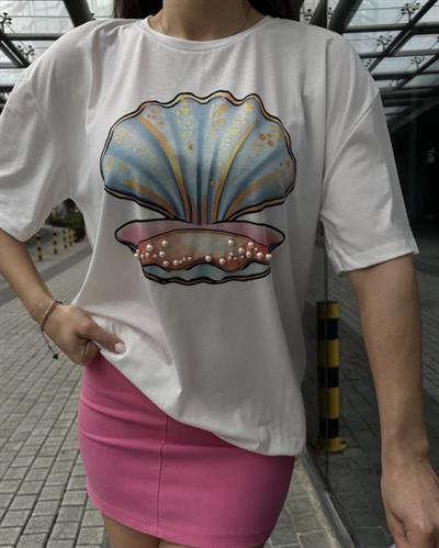 Deniz kabuğu inci detaylı pamuklu tshirt