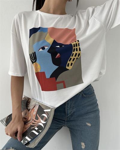 Pamuklu resim detaylı tshirt
