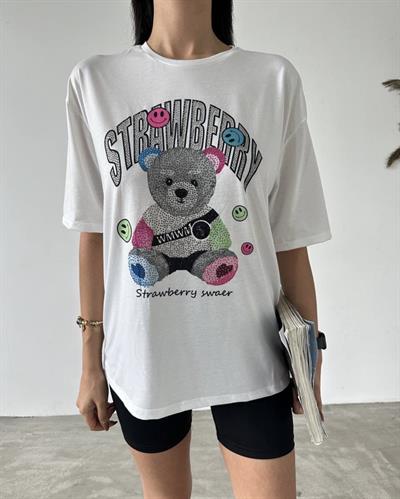 Pamuklu taş detaylı ayıcıklı tshirt