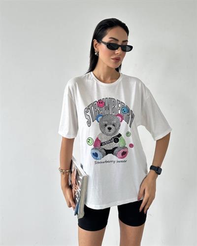Pamuklu taş detaylı ayıcıklı tshirt