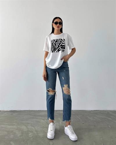 Siyah zebra motifli pamuklu tshirt