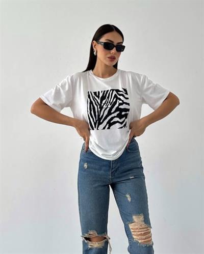 Siyah zebra motifli pamuklu tshirt