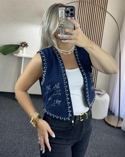 Lacivert Boncuk İşlemeli Yelek