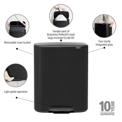 Brabantia Bo Matt Black Pedallı Çöp Kutusu 60 L (Plastik İç Kovalı (BRA 211362)