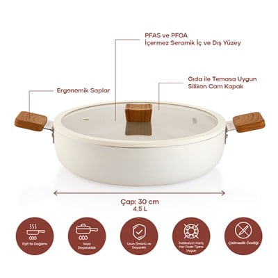 Schafer Ceramoni Seramik Basık Tencere 30 Cm-Krem