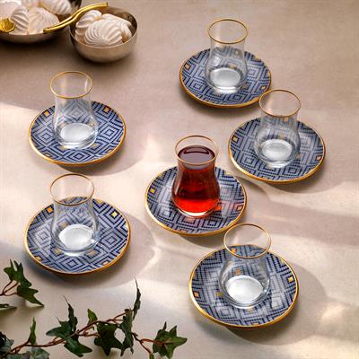 Schafer Mozaik 6 Kişilik Cam Çay Seti 12 Parça-Lacivert