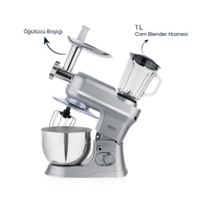 Schafer Prochef Master Multi Kıyma ve Sürahi Blender Aparatlı Stand Mikser 5 L- Gümüş