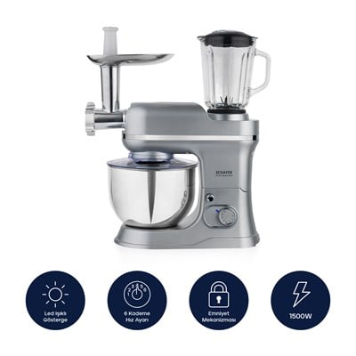 Schafer Prochef Master Multi Kıyma ve Sürahi Blender Aparatlı Stand Mikser 5 L- Gümüş