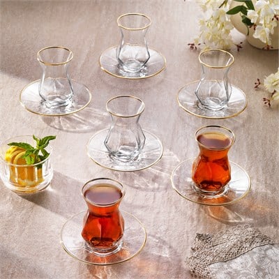 Schafer Royal 6 Kişilik Cam Çay Seti 12 Parça-Gold