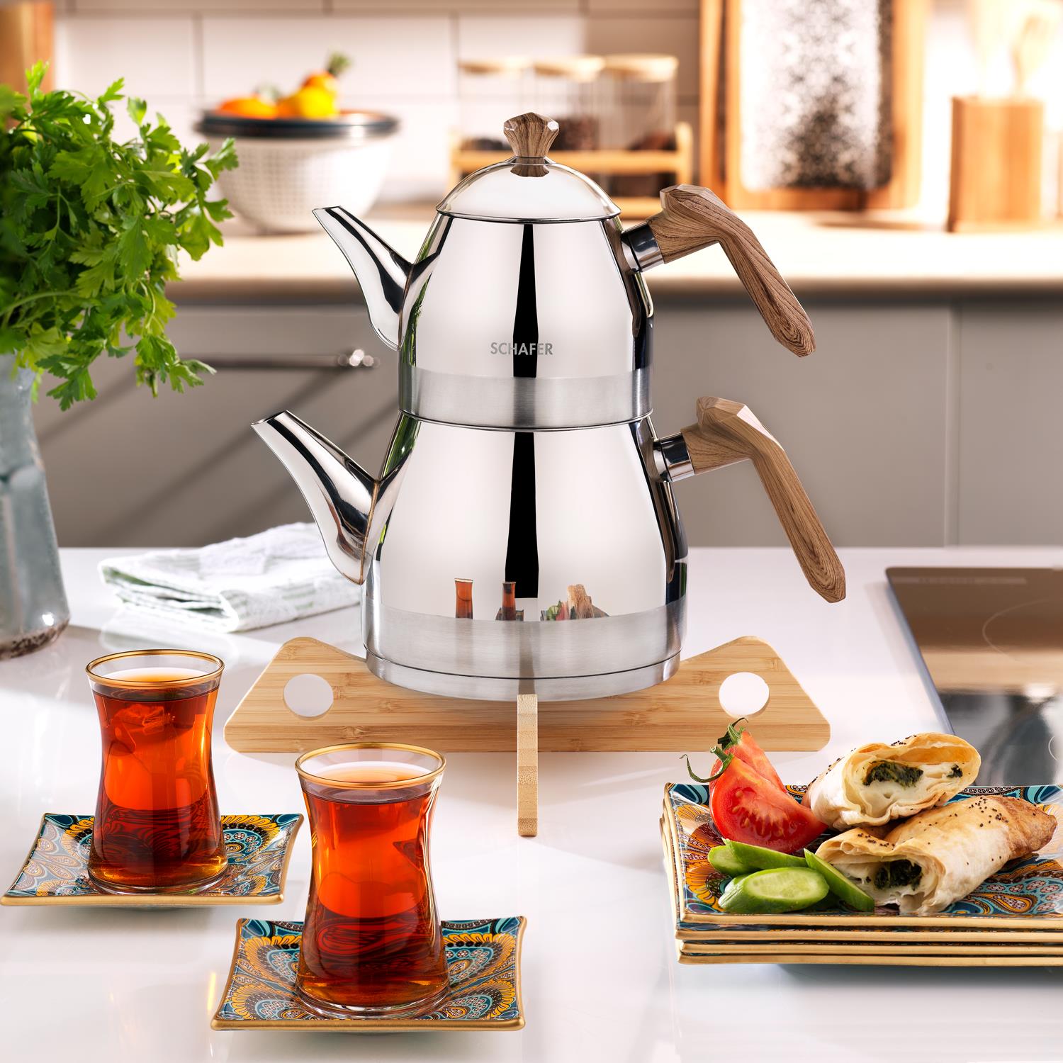 Schafer Luz Orta Boy Çelik Çaydanlık Takımı Parça-Kahve Schafer