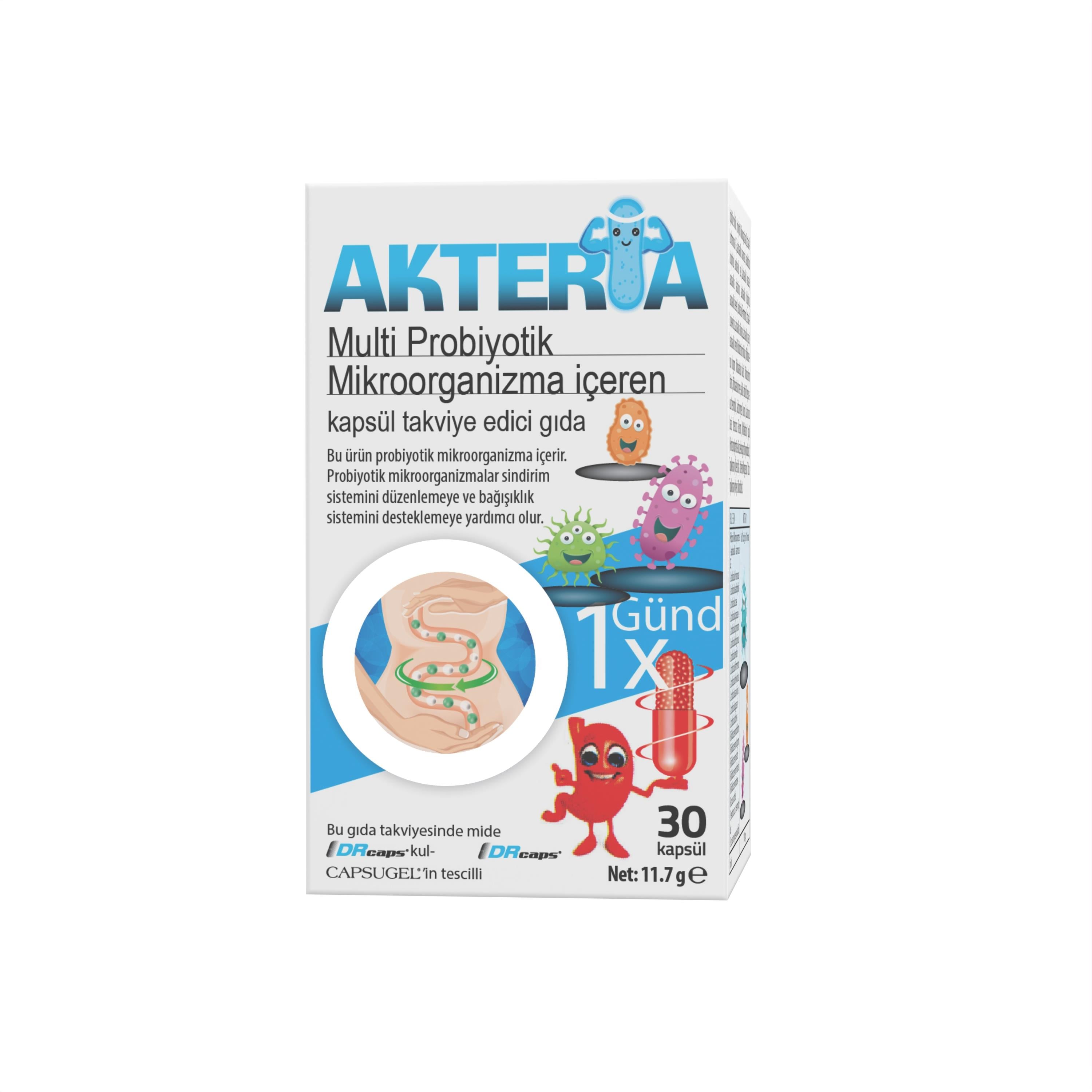 Akteria 23 farklı Probiyotik Mikroorganizma içeren 30 Enterik Kapsül
